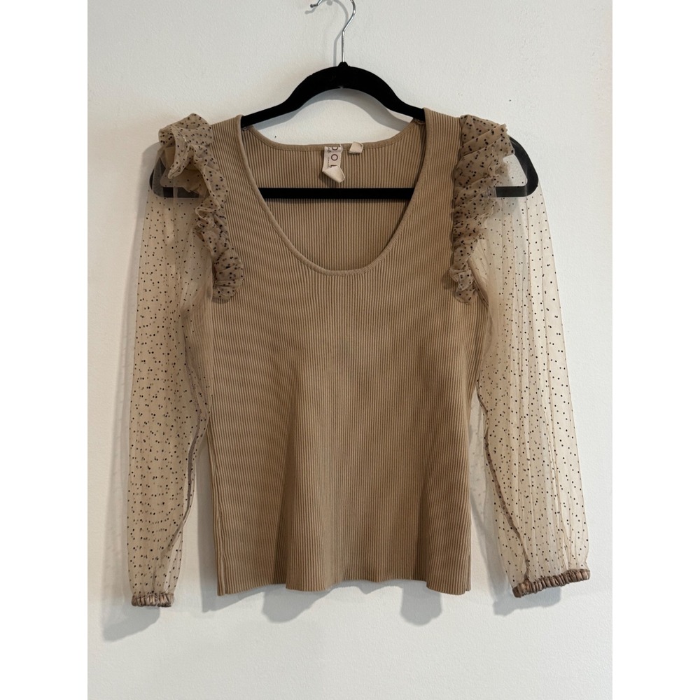 Dolan Left Coast Collection Ribbed Knit Top Women M Tan Sheer Polka Dot Sleeve